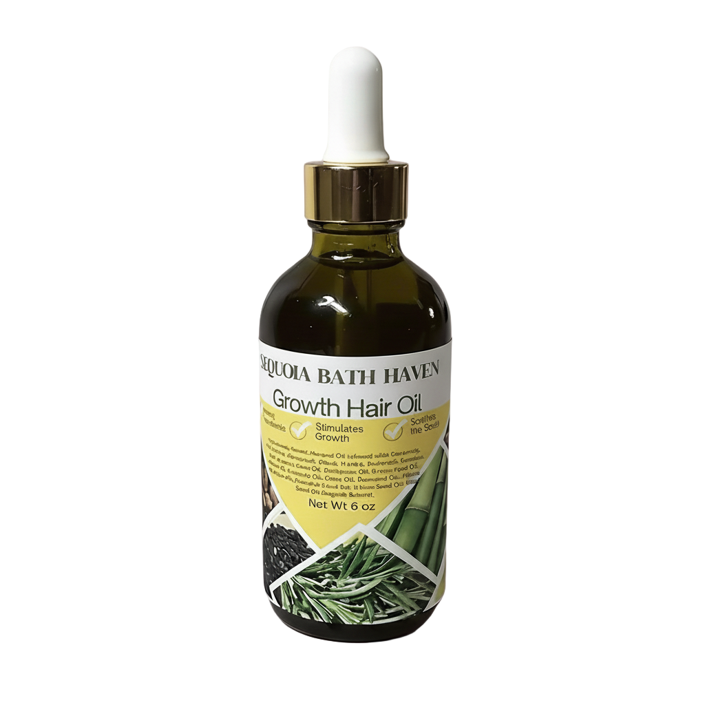 Botanical hair growth oil in a glass bottle, enriched with natural ingredients for stronger and healthier hair