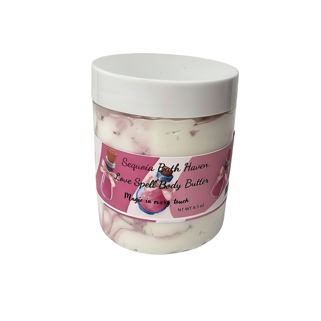 Love Spell whipped body butter in an open jar, rich and creamy moisturizer for soft and fragrant skin