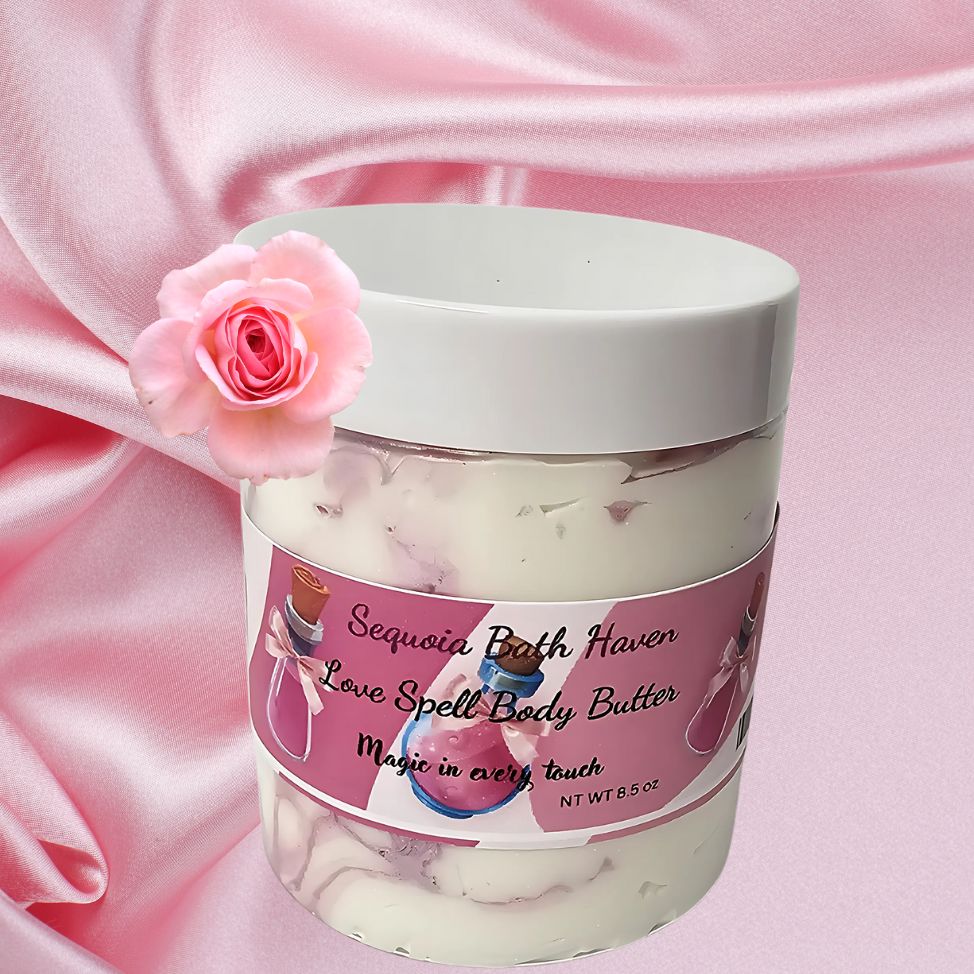 Body butter jar with a pink rose on a pink satin background