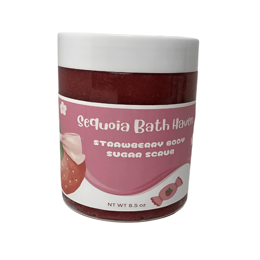 Strawberry and dragon fruit sugar scrub in a jar, exfoliating and hydrating for smooth, soft skin